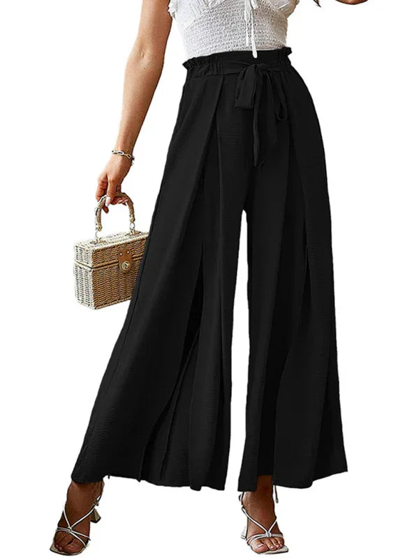 Bilis bow loose high waist pleated wide leg pants with belt pants