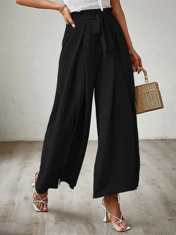 Bilis bow loose high waist pleated wide leg pants with belt pants