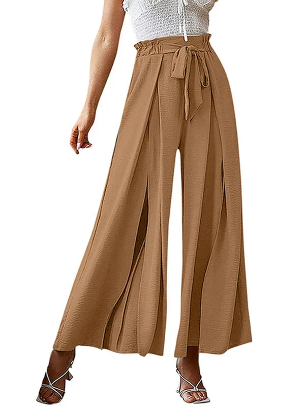 Bilis bow loose high waist pleated wide leg pants with belt pants