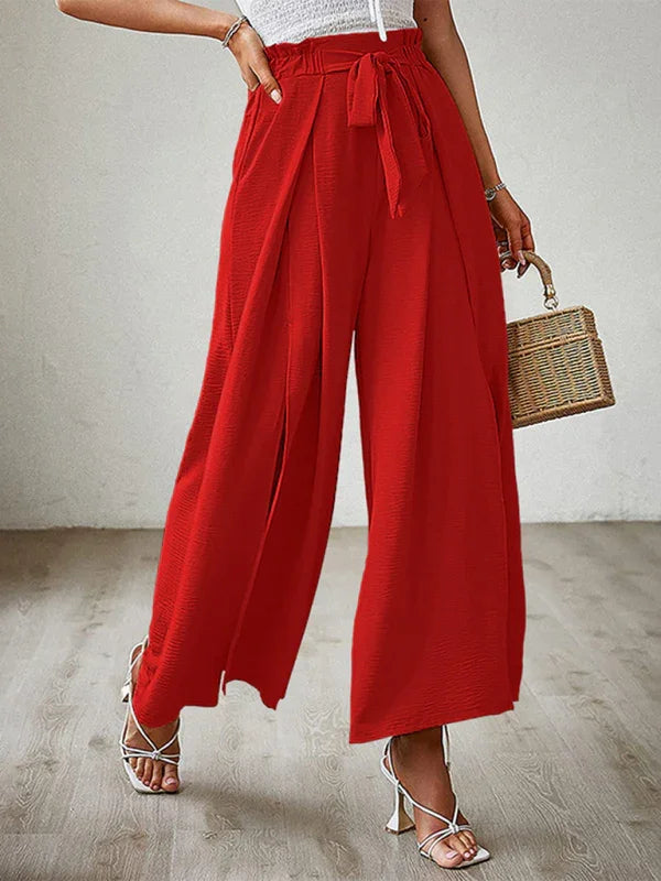 Bilis bow loose high waist pleated wide leg pants with belt pants