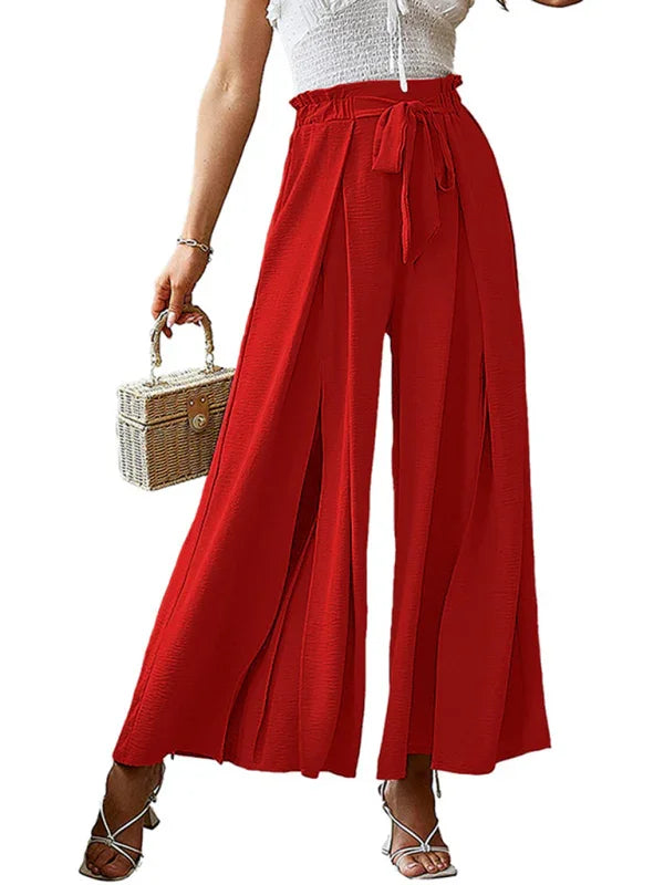 Bilis bow loose high waist pleated wide leg pants with belt pants