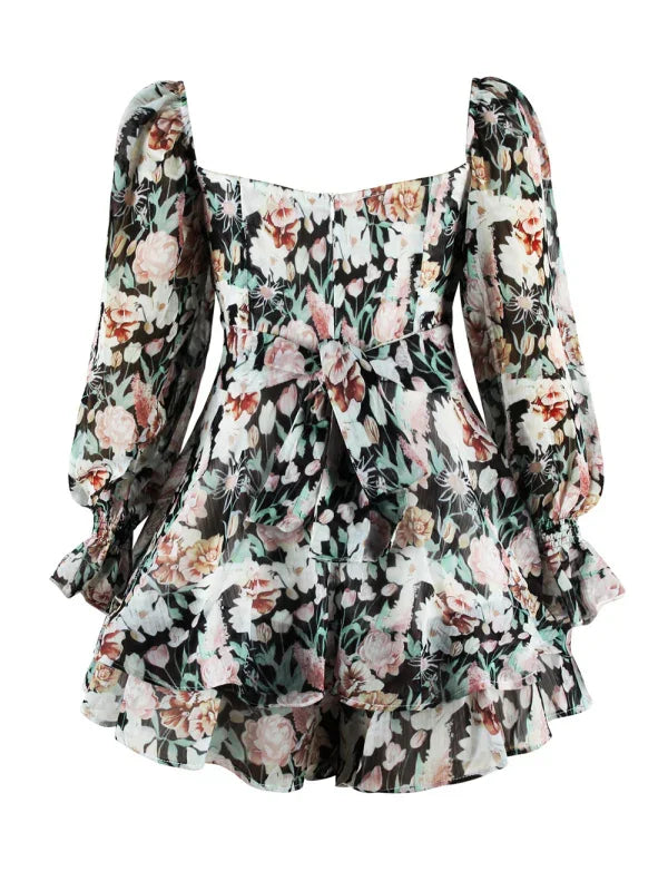 Laurie fashion sexy one-neck lantern lotus leaf long-sleeved printed jumpsuit