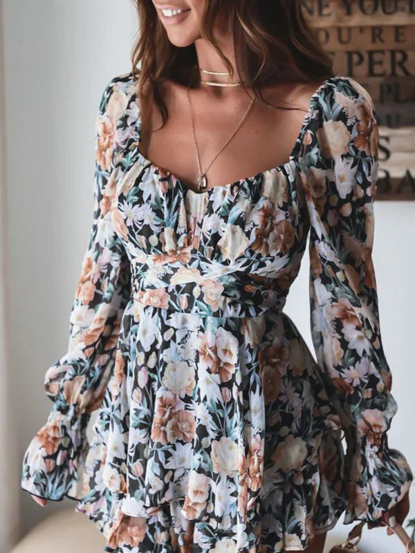 Laurie fashion sexy one-neck lantern lotus leaf long-sleeved printed jumpsuit