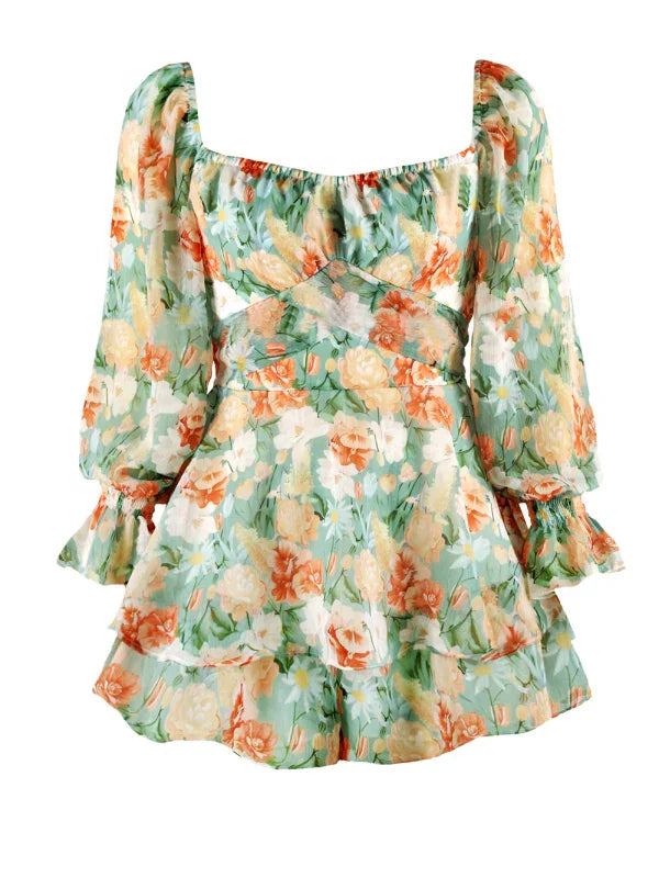 Laurie fashion sexy one-neck lantern lotus leaf long-sleeved printed jumpsuit