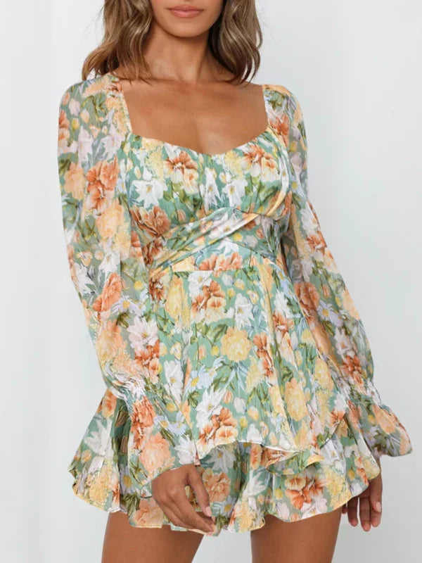 Laurie fashion sexy one-neck lantern lotus leaf long-sleeved printed jumpsuit