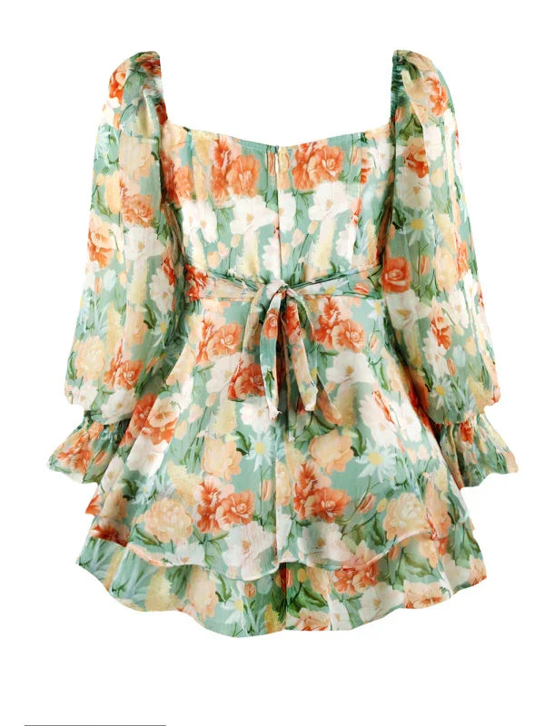Laurie fashion sexy one-neck lantern lotus leaf long-sleeved printed jumpsuit