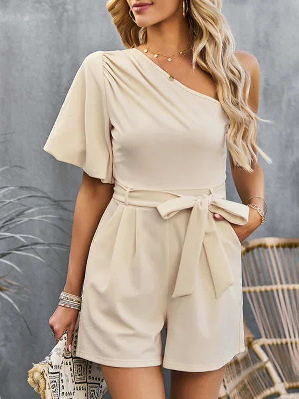 Louise Elegant Solid Color One Shoulder Rompers