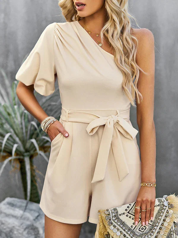 Louise Elegant Solid Color One Shoulder Rompers