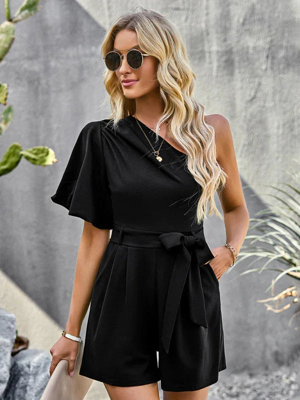 Louise Elegant Solid Color One Shoulder Rompers