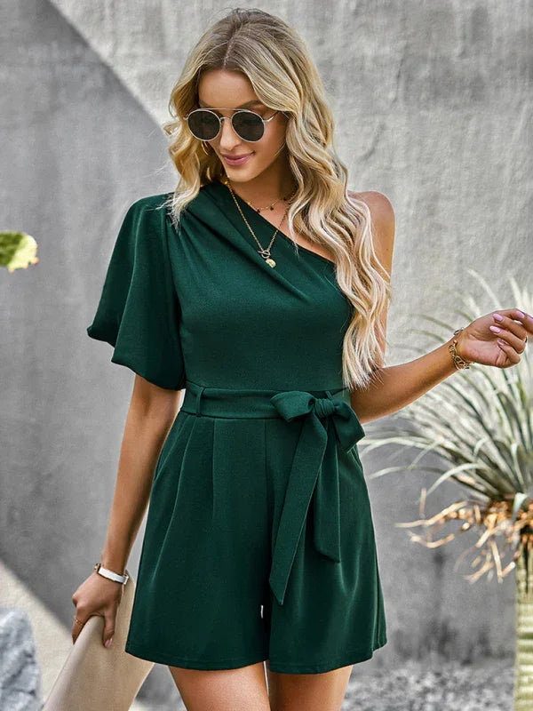 Louise Elegant Solid Color One Shoulder Rompers