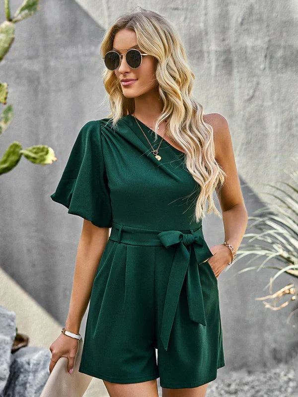 Louise Elegant Solid Color One Shoulder Rompers