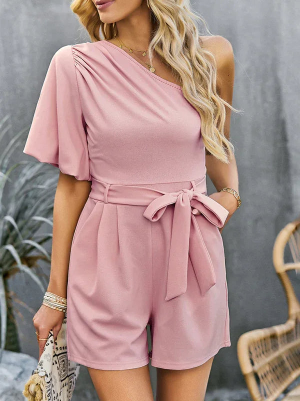 Louise Elegant Solid Color One Shoulder Rompers
