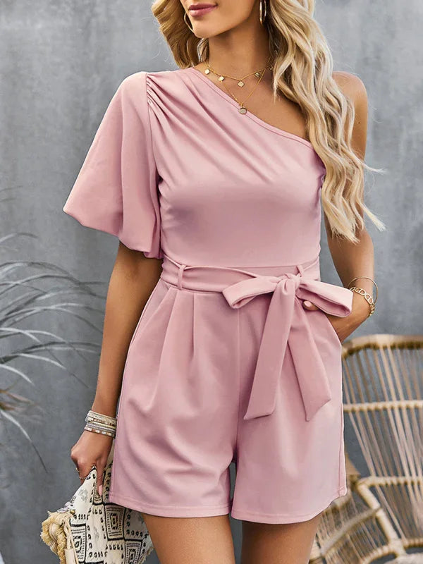 Louise Elegant Solid Color One Shoulder Rompers