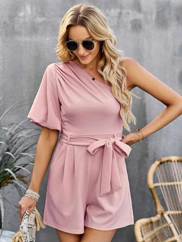 Louise Elegant Solid Color One Shoulder Rompers