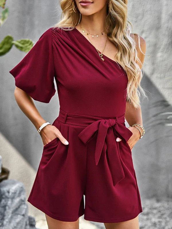 Louise Elegant Solid Color One Shoulder Rompers