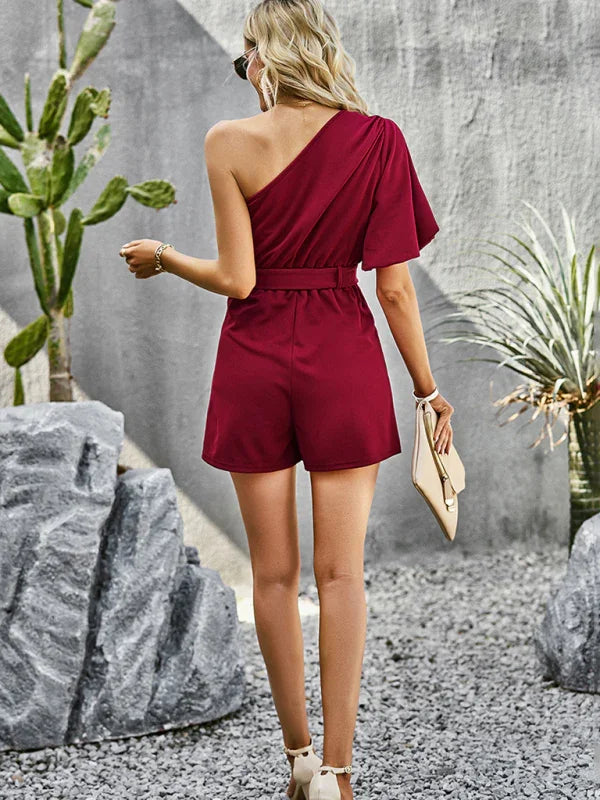Louise Elegant Solid Color One Shoulder Rompers