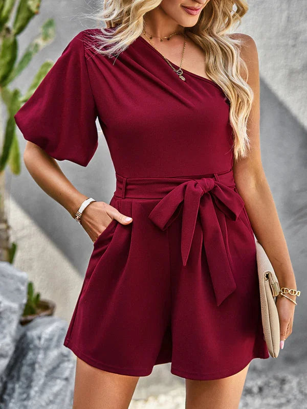 Louise Elegant Solid Color One Shoulder Rompers