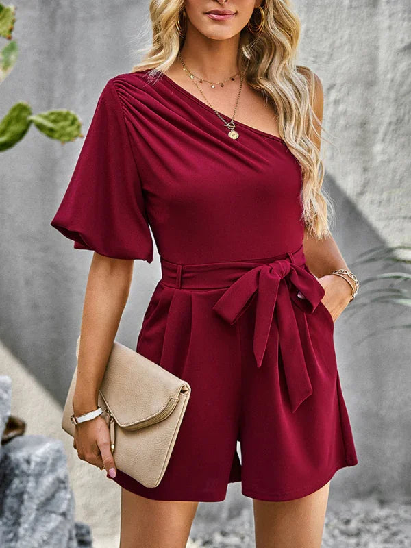 Louise Elegant Solid Color One Shoulder Rompers
