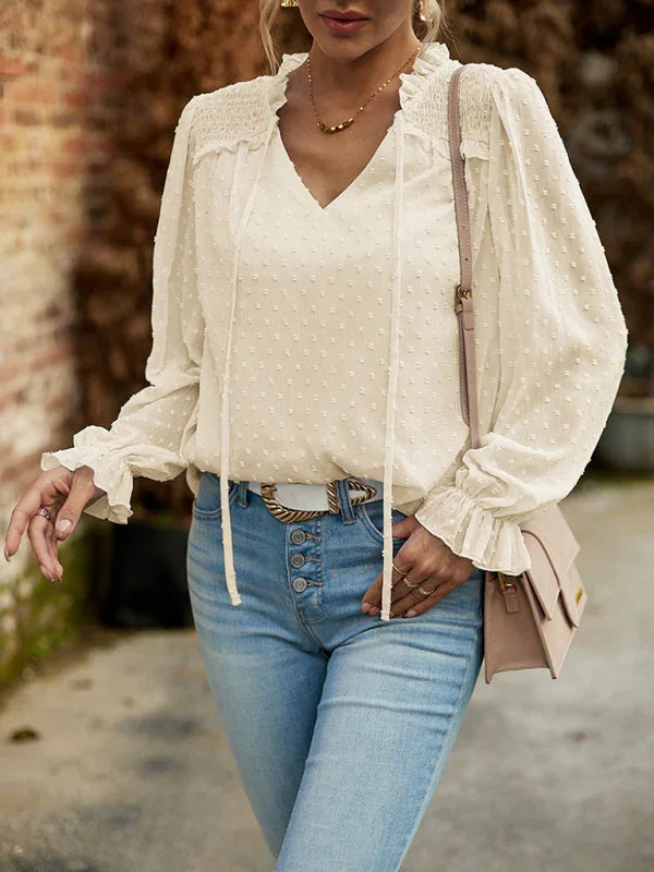 Dennie Temperament and elegant v-neck knotted long-sleeved top blouse