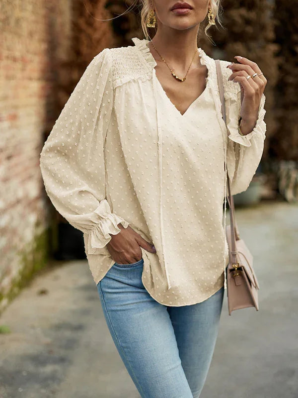 Dennie Temperament and elegant v-neck knotted long-sleeved top blouse
