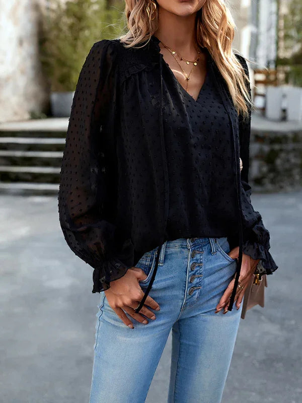 Dennie Temperament and elegant v-neck knotted long-sleeved top blouse