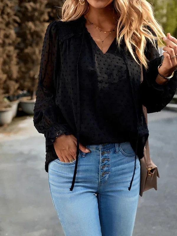 Dennie Temperament and elegant v-neck knotted long-sleeved top blouse