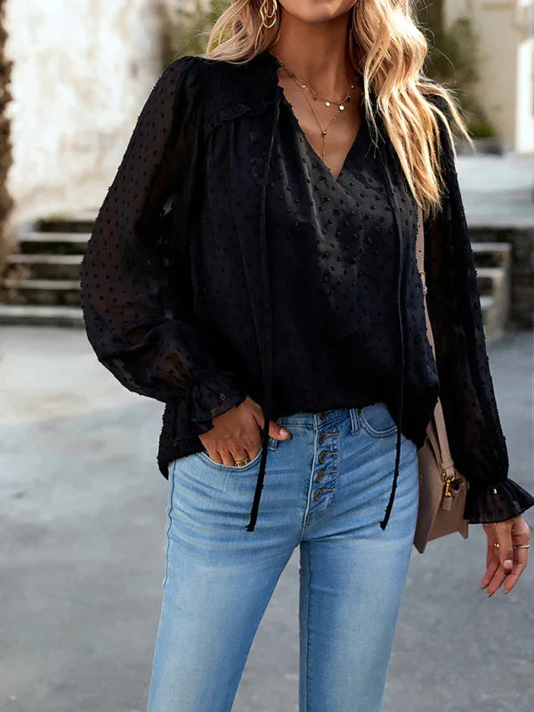 Dennie Temperament and elegant v-neck knotted long-sleeved top blouse