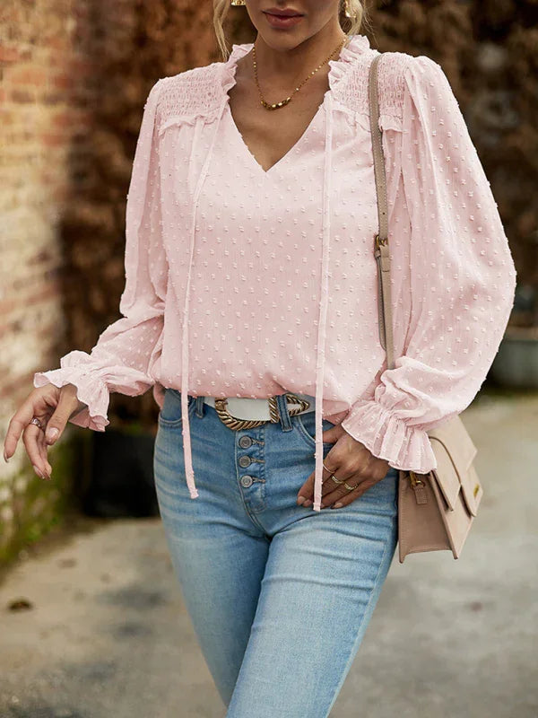 Dennie Temperament and elegant v-neck knotted long-sleeved top blouse