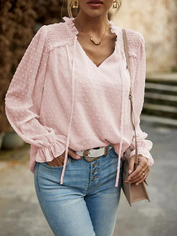 Dennie Temperament and elegant v-neck knotted long-sleeved top blouse