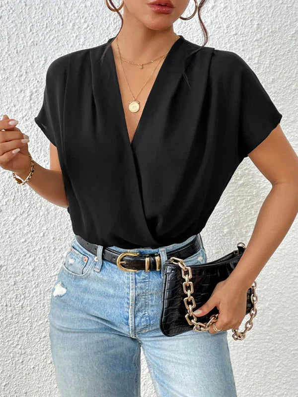 Hennie V-neck pleated dropped shoulder elegant bodysuit