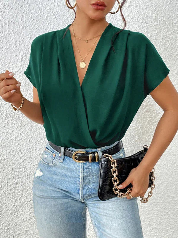 Hennie V-neck pleated dropped shoulder elegant bodysuit