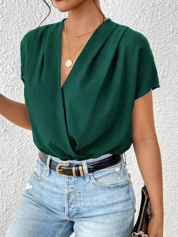 Hennie V-neck pleated dropped shoulder elegant bodysuit