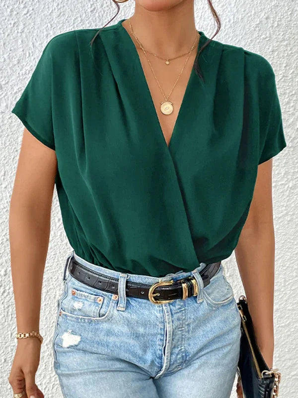 Hennie V-neck pleated dropped shoulder elegant bodysuit