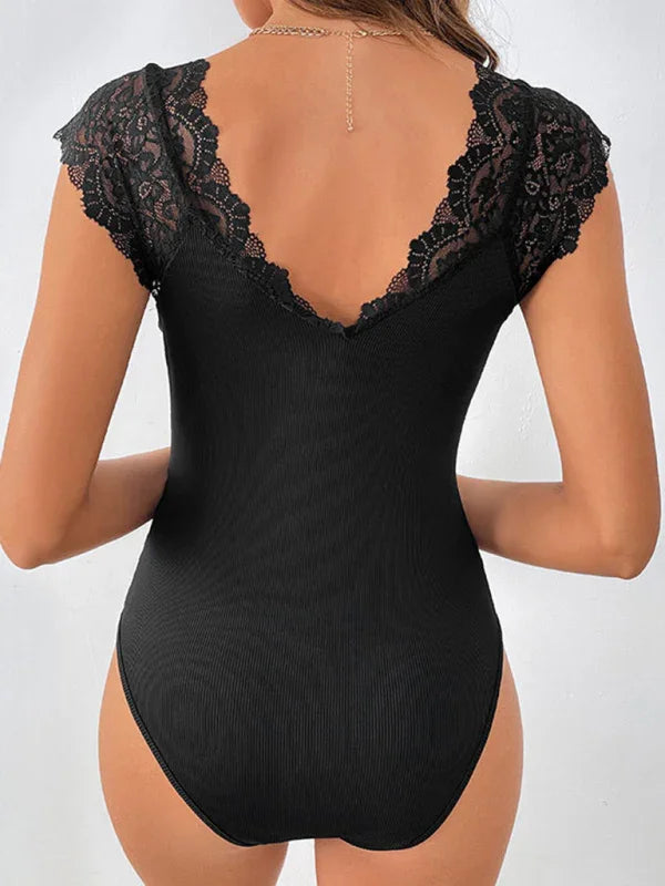 Walkiria New style sexy lace stitching large V-neck bodysuit