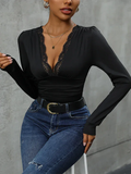Tania Ladies lace stitching long sleeve solid color bodysuit