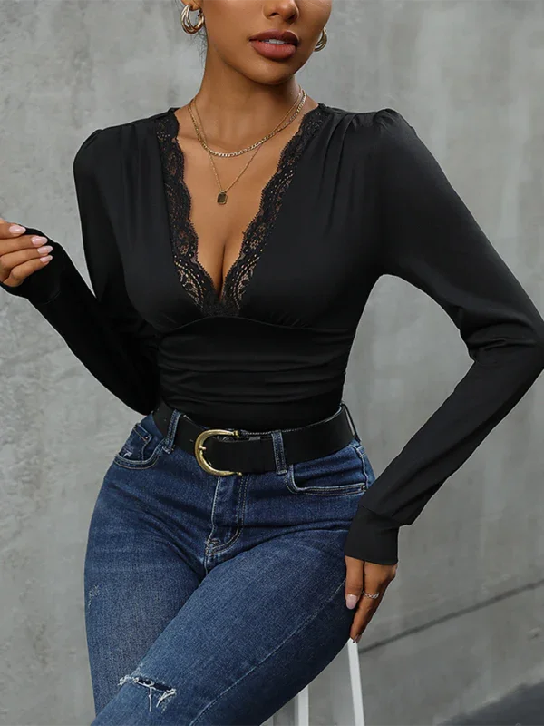 Tania Ladies lace stitching long sleeve solid color bodysuit