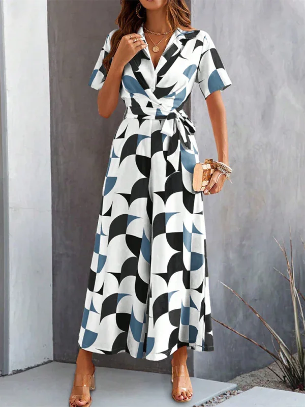 Claribel Temperament Short Sleeve Contrast Color Print High Waist Jumpsuit