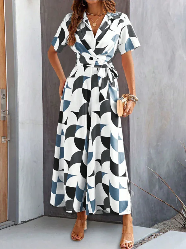 Claribel Temperament Short Sleeve Contrast Color Print High Waist Jumpsuit