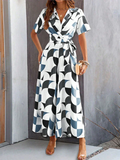 Claribel Temperament Short Sleeve Contrast Color Print High Waist Jumpsuit
