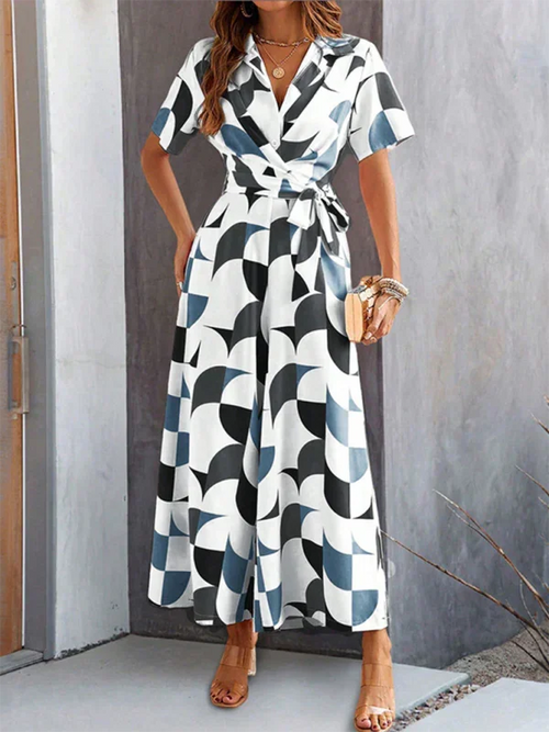 Claribel Temperament Short Sleeve Contrast Color Print High Waist Jumpsuit