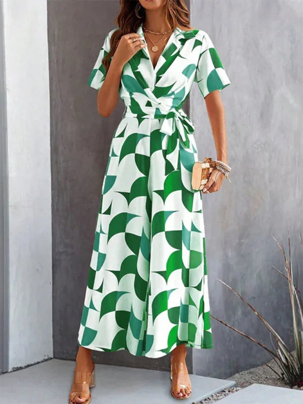 Claribel Temperament Short Sleeve Contrast Color Print High Waist Jumpsuit