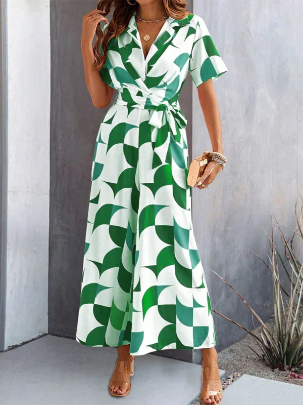 Claribel Temperament Short Sleeve Contrast Color Print High Waist Jumpsuit