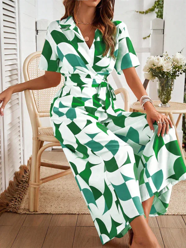 Claribel Temperament Short Sleeve Contrast Color Print High Waist Jumpsuit