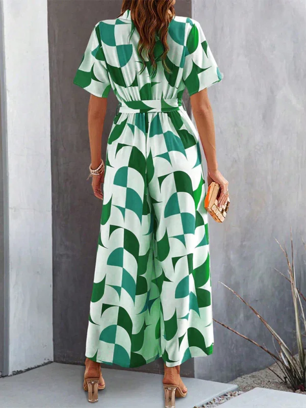 Claribel Temperament Short Sleeve Contrast Color Print High Waist Jumpsuit