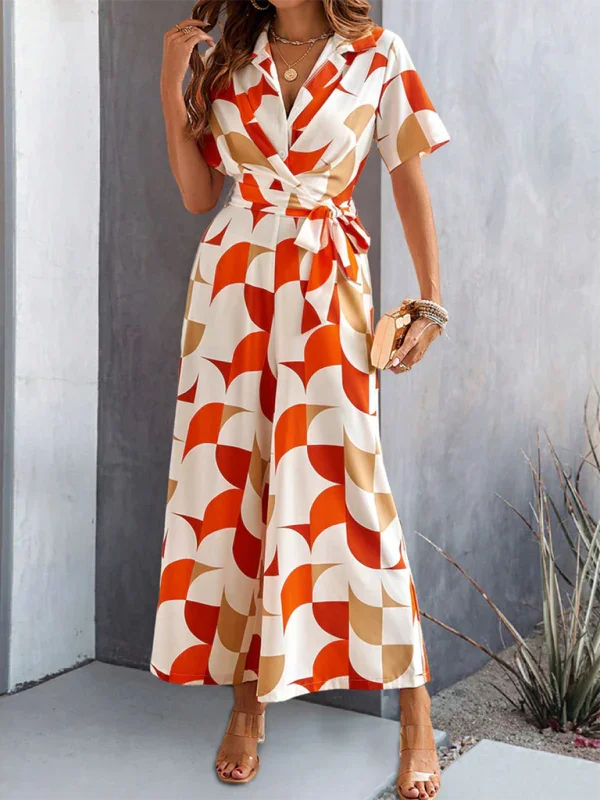 Claribel Temperament Short Sleeve Contrast Color Print High Waist Jumpsuit
