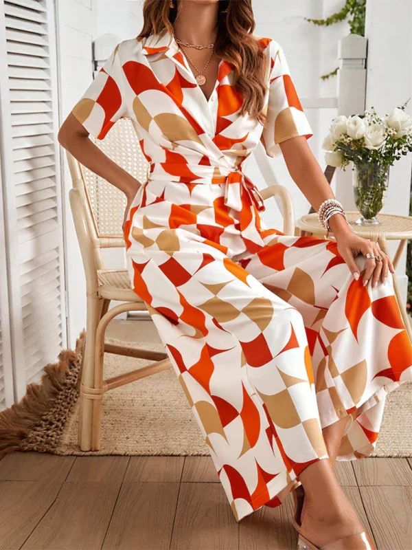 Claribel Temperament Short Sleeve Contrast Color Print High Waist Jumpsuit