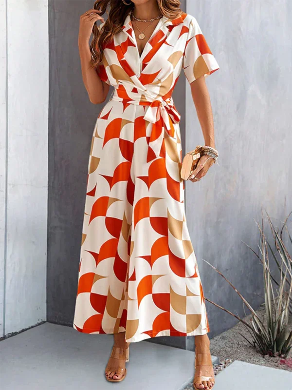 Claribel Temperament Short Sleeve Contrast Color Print High Waist Jumpsuit