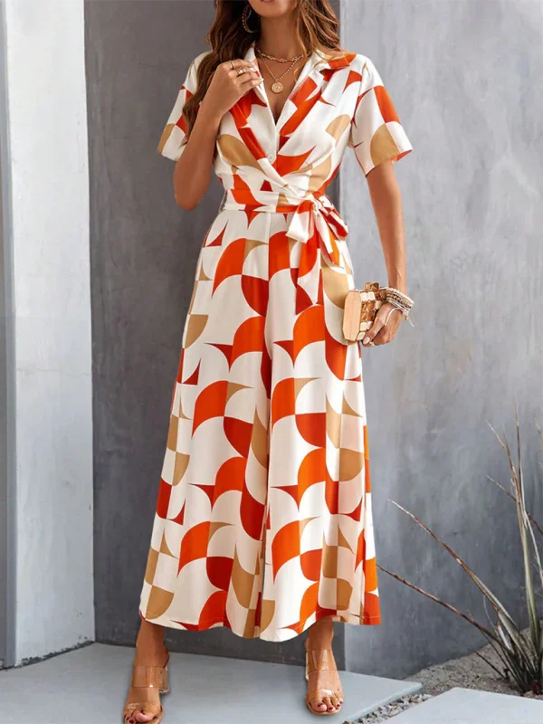 Claribel Temperament Short Sleeve Contrast Color Print High Waist Jumpsuit