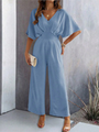 Supreme short-sleeved solid color temperament casual wide-leg jumpsuit