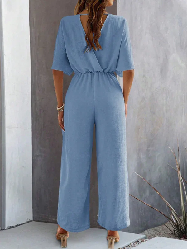 Supreme short-sleeved solid color temperament casual wide-leg jumpsuit